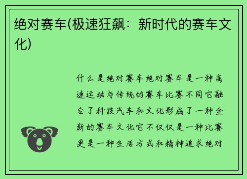 绝对赛车(极速狂飙：新时代的赛车文化)